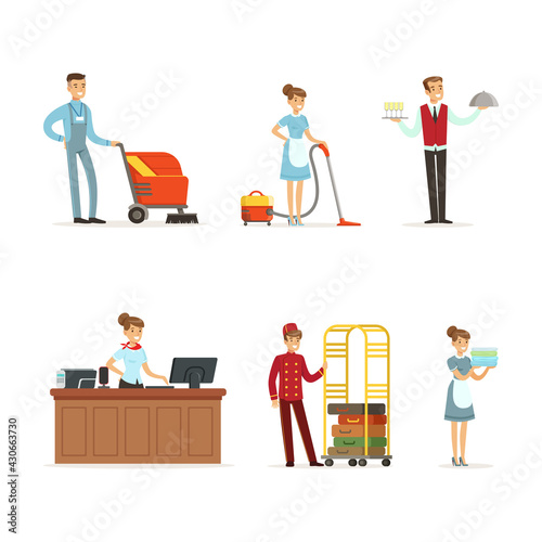 Hotel Staff with Receptionist, Maid and Porter Vector Set