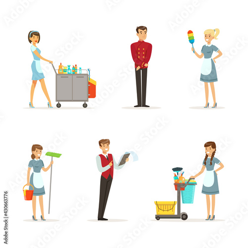 Hotel Staff with Administrator, Maid and Porter Vector Set