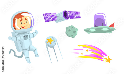 Astronaut in Spacesuit and Flying Satellite Vector Set