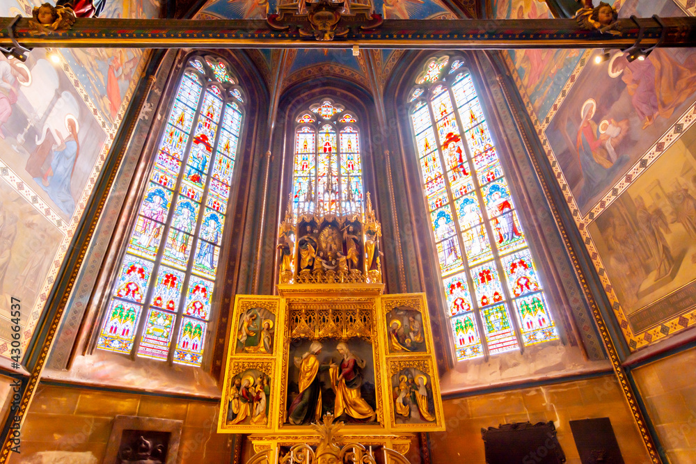 Prague, Czech Republic - May 2019: St. Vitus Cathedral interiors in Prague Castle