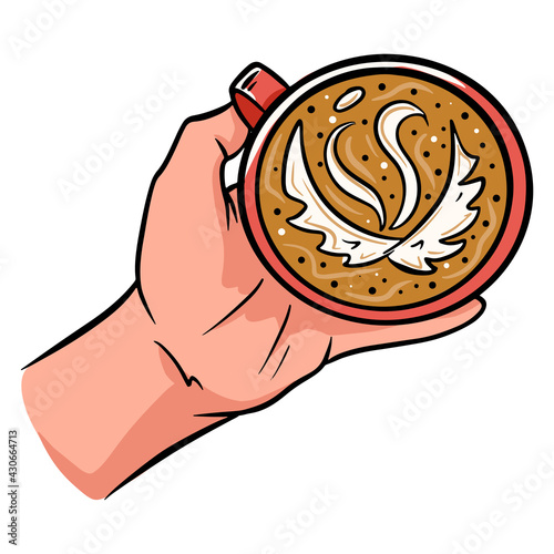 Coffee in a mug. Coffee with milk in a mug. Cafe. A restaurant. Cartoon style.