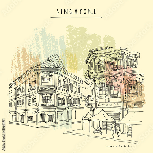 Vector Singapore touristic vacation guide illustration. Singapore cityscape, old town retro poster. Artistic  travel sketch. Hand drawn vintage touristic postcard, poster, booklet illustration