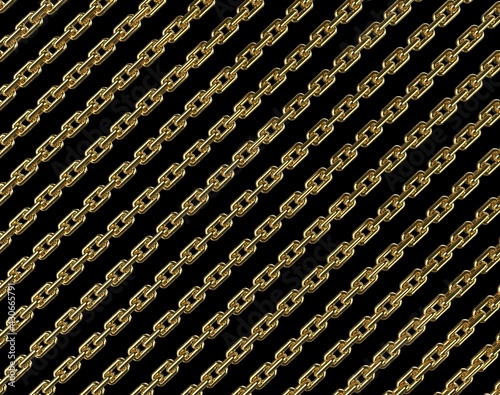 Anchor golden chain on black background. Chains texture Background. Pattern chain in diagonal pattern. Ship chain. 3D illustration.