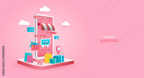 Online shopping on website E-commerce or mobile phone applications vector concepts and digital marketing. Suitable for promoting online stores, web banners, websites, printed materials. Vector.