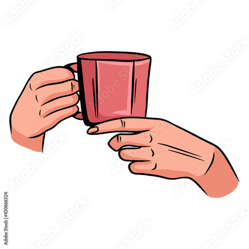 Cup with tea in hand. A fragrant cup of tea for breakfast. A restaurant. Cartoon style.