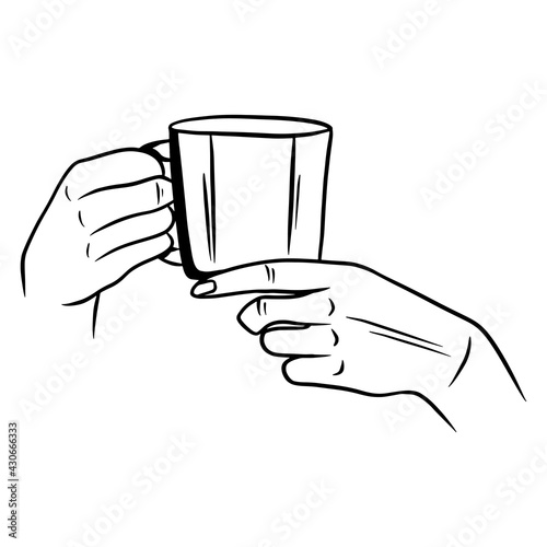 Cup with tea in hand. A fragrant cup of tea for breakfast. A restaurant. Cartoon style.