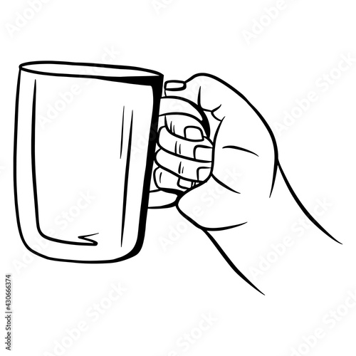 Cup with tea in hand. A fragrant cup of tea for breakfast. A restaurant. Cartoon style.