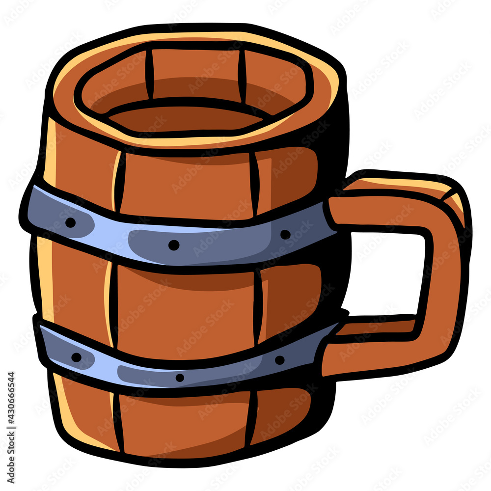 Wooden mug. Alcohol mug. Bar. Tavern. Cartoon style. Wooden mug. Alcohol mug. Bar. Tavern. Cartoon style.