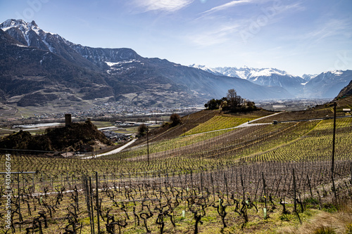 Saillon, Switzerland 28.03.2021 - Martigny, Crevasse, Saillon Castle, Pierre Avoi, vineyards in Spring, Farinet hike