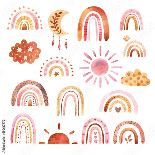 Watercolor boho clipart for nursery decoration with cute rainbows and moon, sun, cloud. Doodle hand drawn illustration.