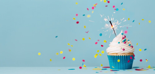 Birthday cupcake with sparkler and falling confetti
