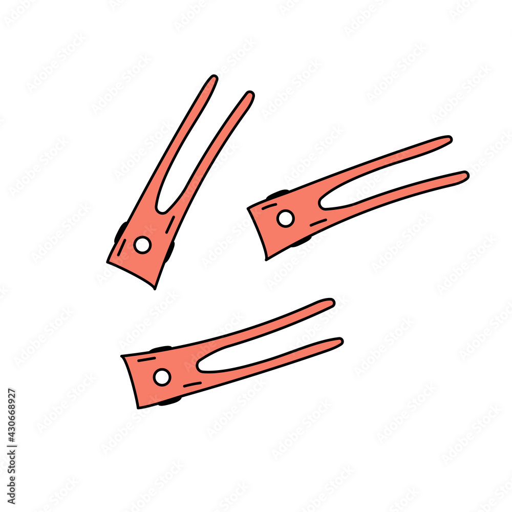 Hair clips in doodle style. Vector illustration in coral color. Curly hair care concept Hair clips in doodle style. Vector illustration in coral color. Curly hair care concept