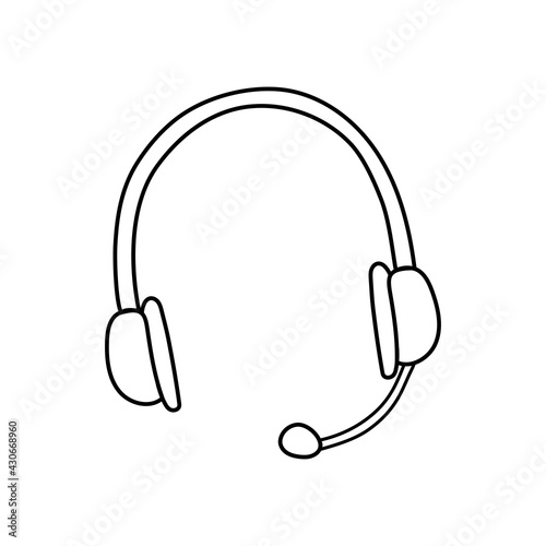 Simple headphones with microphone in doodle style. Vector illustration for an icon, logo, or label