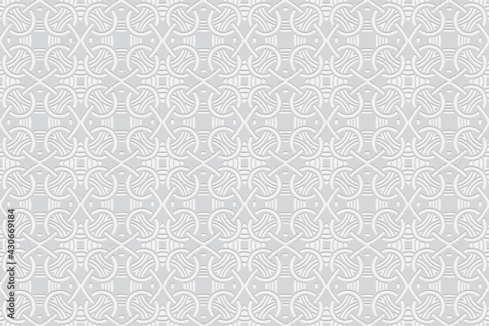 3d volumetric convex geometric white background. Embossed ethnic abstract curly pattern. Oriental, Islamic, Arabic, Maracan motives. Ornament for wallpapers, presentations, textiles, websites.