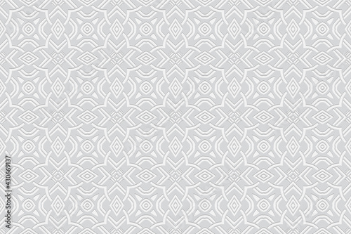 3d volumetric convex geometric white background. Embossed ethnic exotic pattern. Oriental, Islamic, Arabic, Maracan motives. Ornament for wallpapers, presentations, textiles, websites.