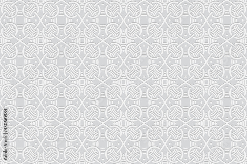 3d volumetric convex geometric white background. Embossed ethnic abstract curly pattern. Oriental, Islamic, Arabic, Maracan motives. Ornament for wallpapers, presentations, textiles, websites.