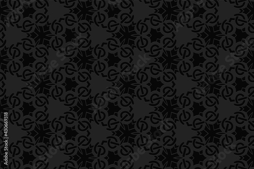 3d volumetric convex geometric black background. Embossed ethnic original creative pattern. Oriental, Islamic, Arabic, Maracan motives. Ornament for wallpapers, presentations, textiles, websites.