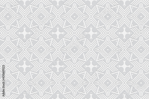 3d volumetric convex geometric white background. Embossed ethnic exclusive folk pattern. Oriental, Islamic, Arabic, Maracan motives. Ornament for wallpapers, presentations, textiles, websites.