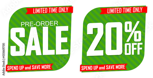 Pre-Order Sale banners design template, 20% off, discount tags, vector illustration