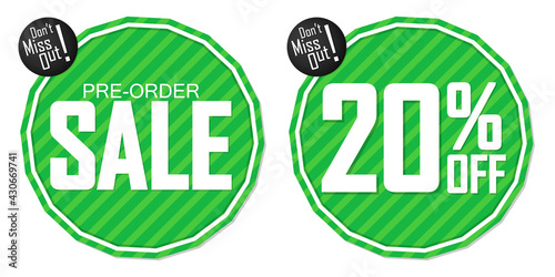 Pre-Order Sale banners design template, 20% off, discount tags, vector illustration