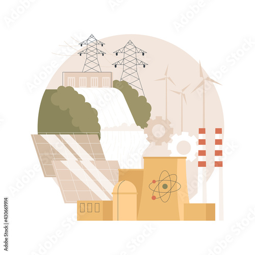 Alternative energy abstract concept vector illustration. Green alternative energy technologies, eco friendly, nuclear, renewable sources, solar panels, wind turbine, hydropower abstract metaphor.