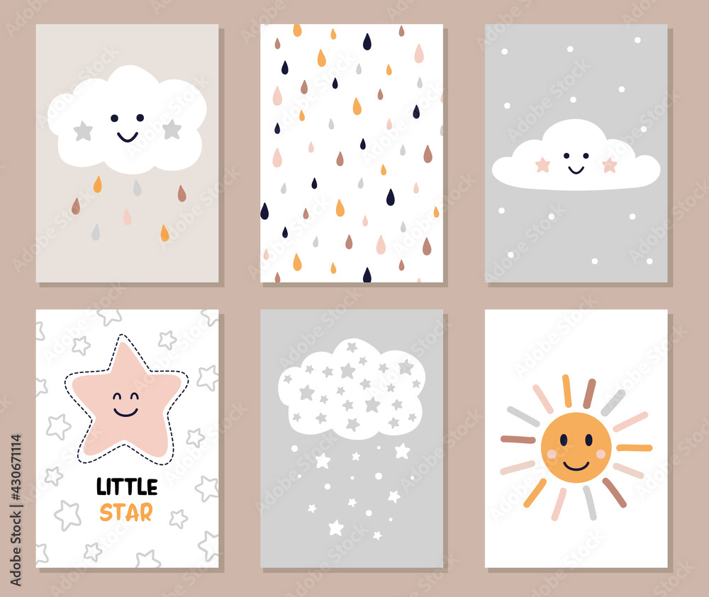Cute posters with cute prints for baby room, baby shower, greeting cards, baby t-shirts and clothes. Children's posters with clouds, sun and star. Childrens cute posters