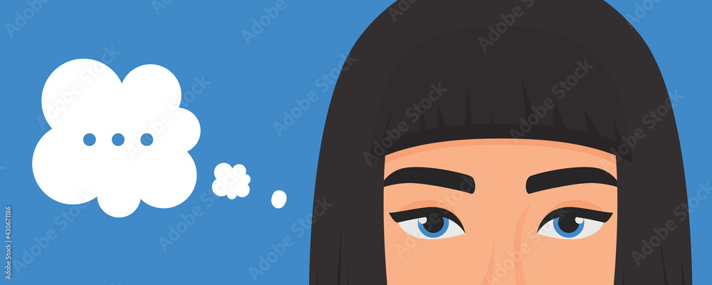 Girl thinking vector illustration. Cartoon beautiful young woman character  thinking about problem with dots in think bubble, expression portrait with  eyes, communication isolated on orange background Stock Vector | Adobe Stock