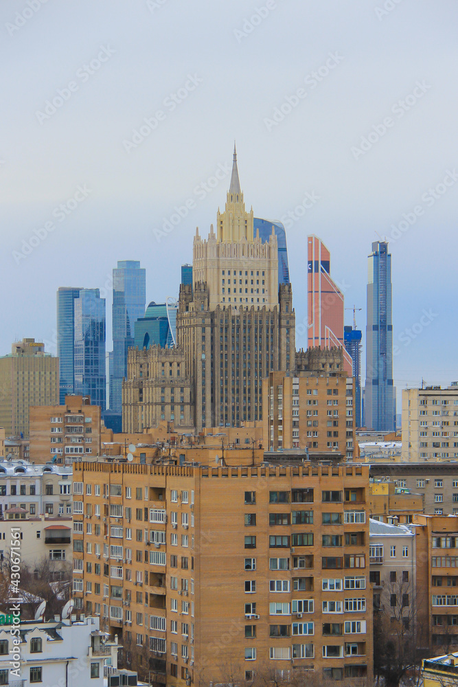 View of Moscow skyscrapers of different generations and other buildings in the city center.