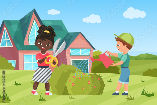 Happy gardener children water plant, cultivate bush in garden landscape vector illustration. Cartoon boy character holding watering can, girl child with garden shears gardening, planting background