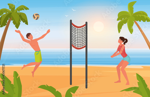 Couple people play beach volleyball vector illustration. Cartoon young man woman players characters playing with ball together in nature summer beach landscape, happy active lifestyle background