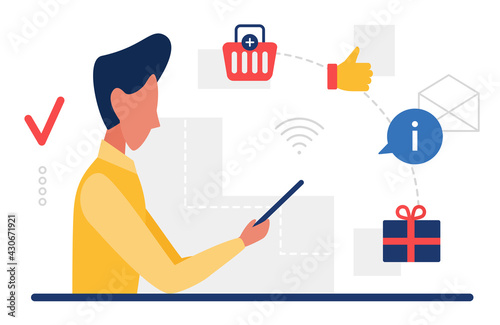 People consume, buy online vector illustration. Cartoon user consumer man character holding smartphone, mobile gadget for shopping, buying goods in internet store with cell phone isolated on white