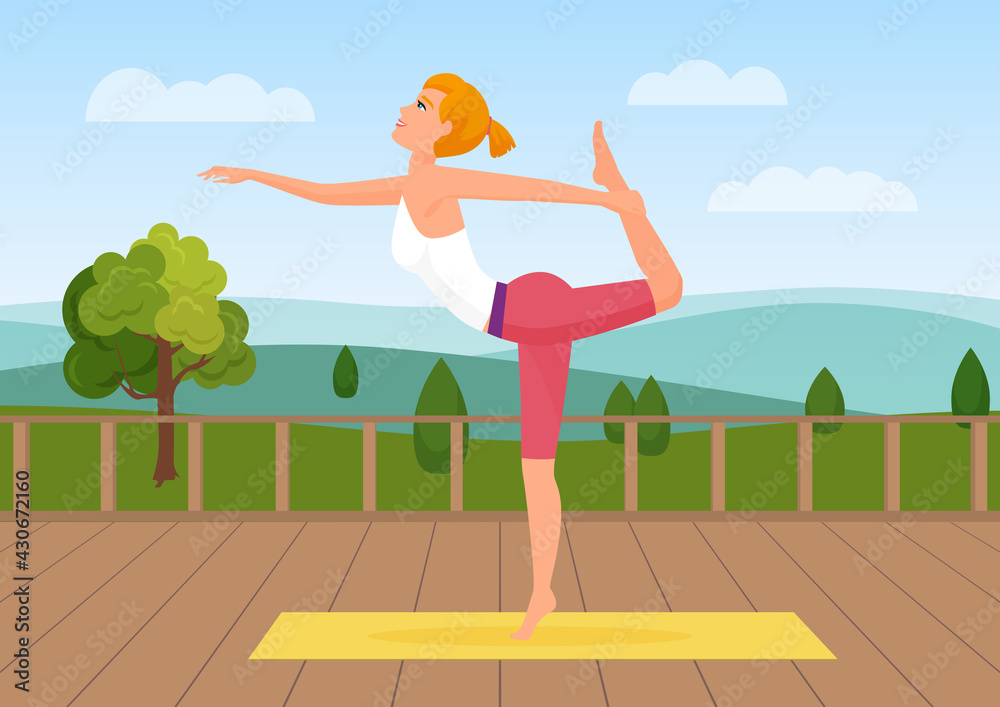 Woman doing yoga pose at nature landscape background vector illustration