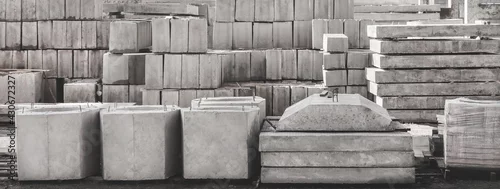 Panel kuchenny z motywem Storage of concrete blocks in a warehouse. Concrete structures at the construction site. Industrial, building cement materials