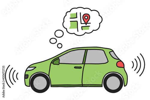 Hand drawn doodle of a self driving, driverless car with sensor and map thought cloud navigation.