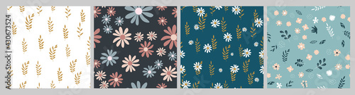Seamless Pattern Background with Simple Flower Design Elements set. Vector Il...