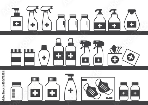 Pharmacy vector shelf, showcase medicine store, black bottles, boxes pills and containers drug, packaging medication isolated on white background. Health illustration