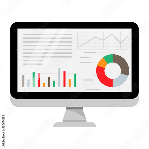 Computer screen with business graph data, analysis trends, financial strategy, statistics, and infographic chart icons. Vector illustration.