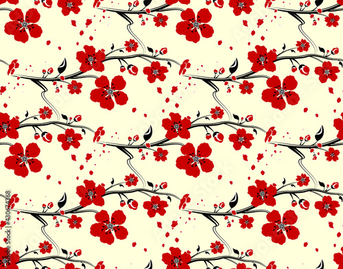 seamless pattern with red sakura flowers