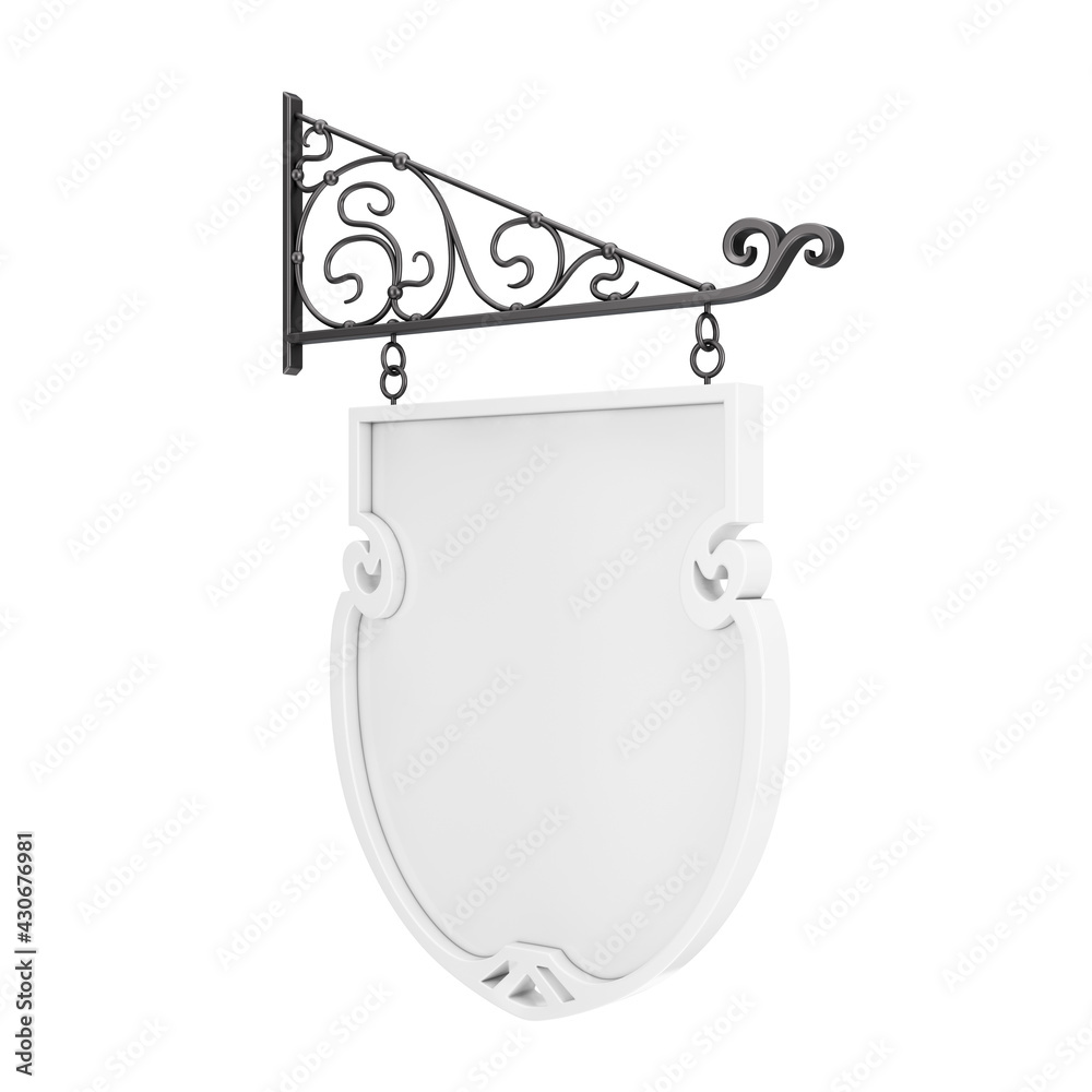 Blank White Hanging Sign with Free space for Your Design and Floral Forging Elements. 3d Rendering