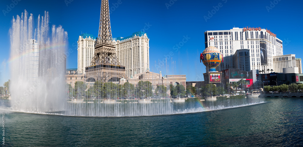 USA. Nevada. Las Vegas. Bellagio Fountains & Eiffel Tower