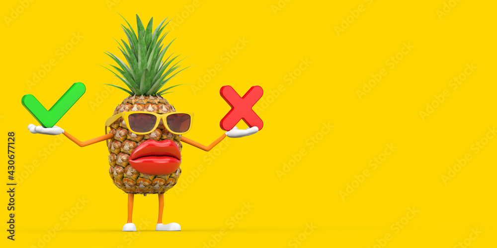 Fun Cartoon Fashion Hipster Cut Pineapple Person Character Mascot with Red Cross and Green Check Mark, Confirm or Deny, Yes or No Icon Sign. 3d Rendering
