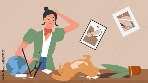 Cat domestic animal making mess at home vector illustration. Cartoon young woman pet owner character scolding cute mischievous playful kitten lying on table in messy home room interior background