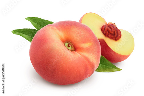 Ripe chinese flat peach fruit with leaf isolated on white background with clipping path and full depth of field