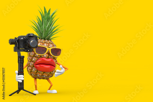 Fun Cartoon Fashion Hipster Cut Pineapple Person Character Mascot with DSLR or Video Camera Gimbal Stabilization Tripod System. 3d Rendering