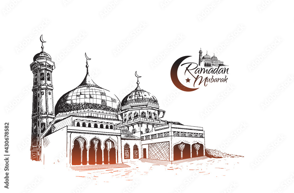 Ramadan Mubarak with mosque illustration hand drawn isolated on white background