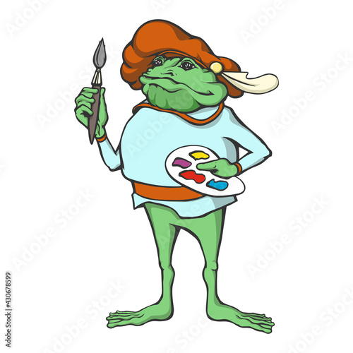 Image of an artist's frog toad in a cartoon style. Dressed in a hat and shirt. Holds a brush and palette. On white background. Vector illustration.
