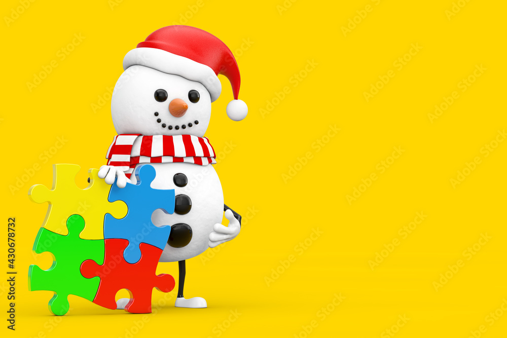 Snowman in Santa Claus Hat Person Character Mascot with Four Pieces of Colorful Jigsaw Puzzle. 3d Rendering