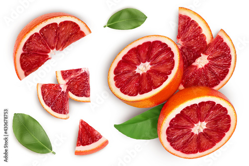 Blood red oranges isolated on white background. Top view. Flat lay