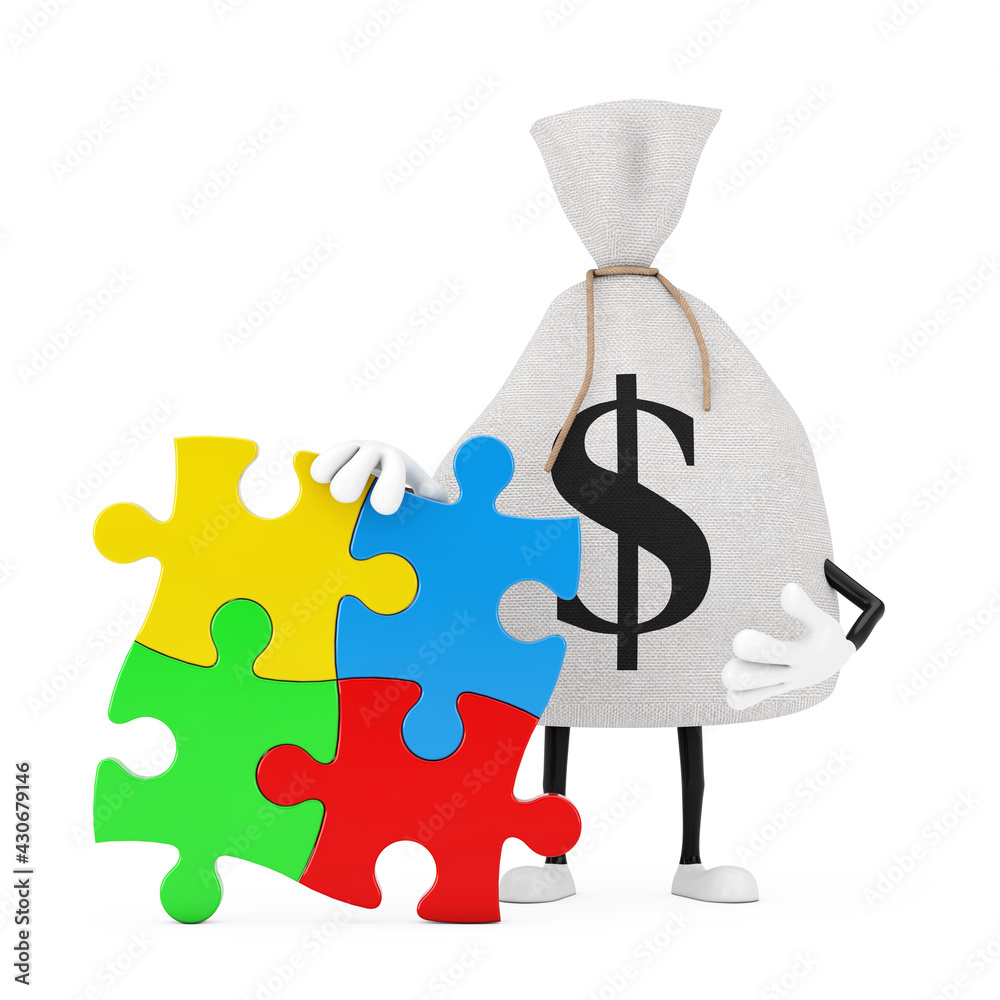 Tied Rustic Canvas Linen Money Sack or Money Bag and Dollar Sign Person Character Mascot with Four Pieces of Colorful Jigsaw Puzzle. 3d Rendering Tied Rustic Canvas Linen Money Sack or Money Bag and Dollar Sign Person Character Mascot with Four Pieces of Colorful Jigsaw Puzzle. 3d Rendering