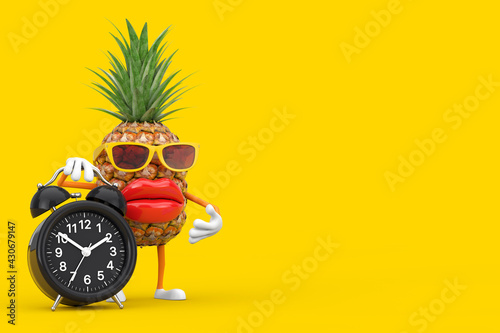 Fun Cartoon Fashion Hipster Cut Pineapple Person Character Mascot with with Alarm Clock. 3d Rendering photo